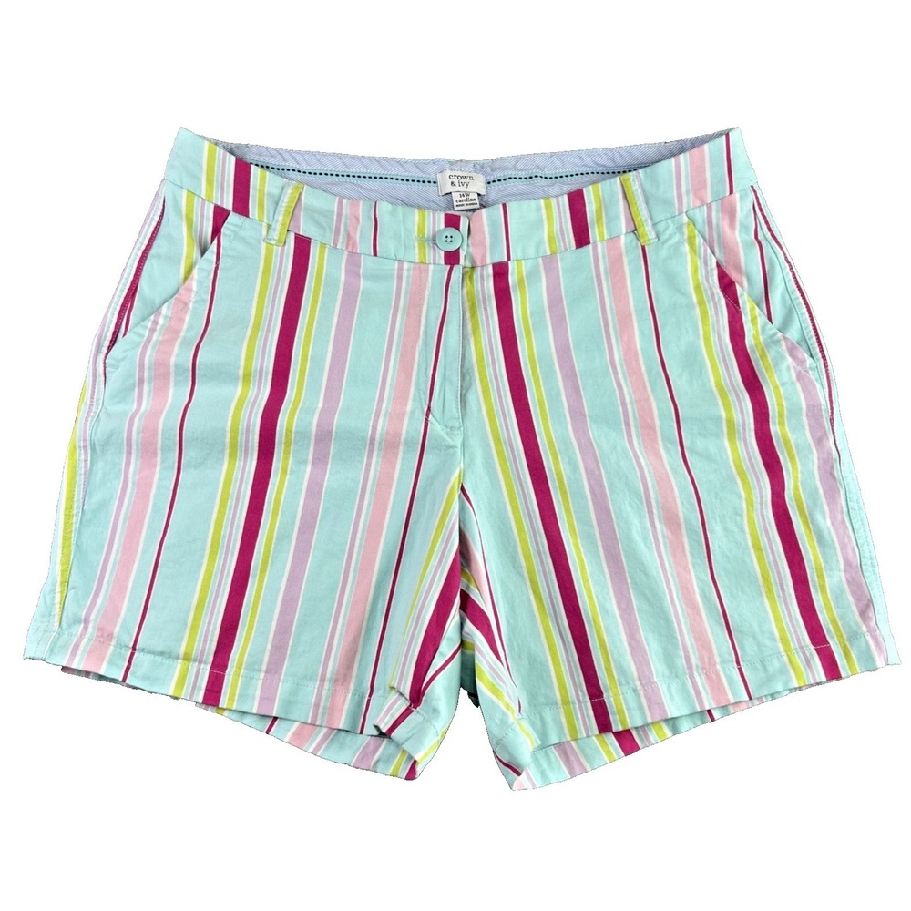 Crown & Ivy Women's 14W Shorts Caroline 5" Rainbow Stripes Pockets Beach Preppy
